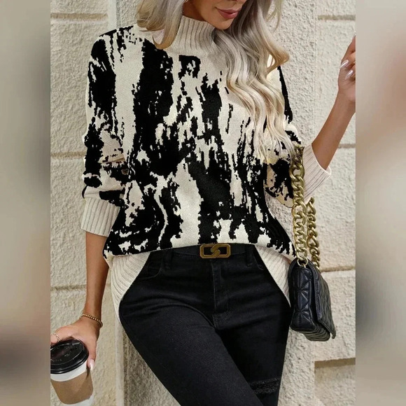 Graphic Pattern Mock Neck Drop Shoulder Sweater - Picture 2 of 6